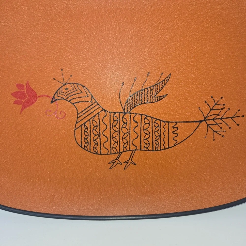 Tilso Serving Tray Fiberboard Orange Black Bird Rattan Wrapped Handles 18.5